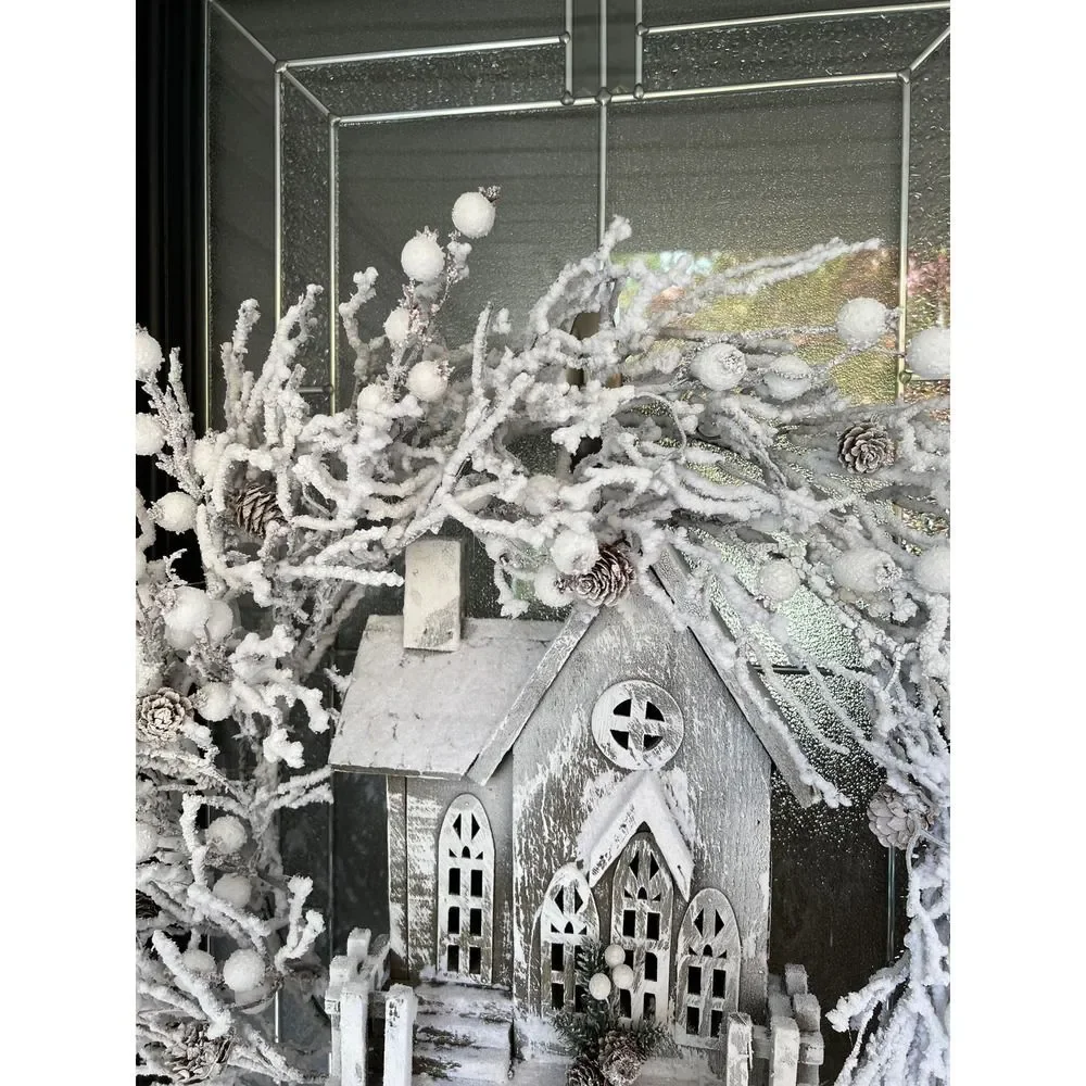 Winter Snow Twig Wreath With Lighted Wooden Church